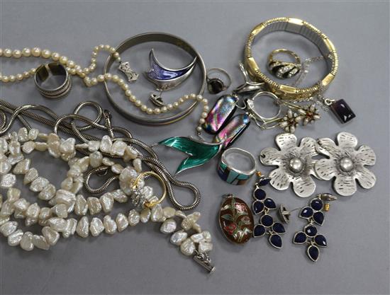 A cultured pearl necklace and other jewellery including silver and costume.